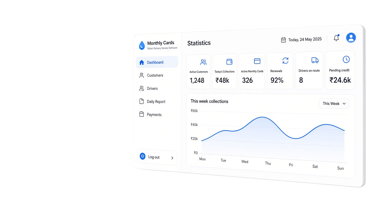 Monthly Cards business dashboard showing customers, collections, cards, and reports